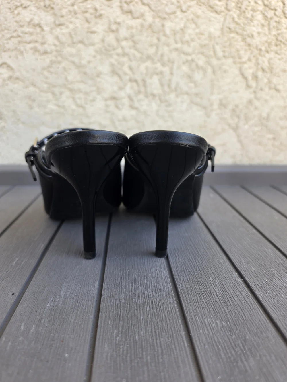 Scoop Black Pointed Toe Grommet Strap Stiletto Mules Heels Size 6.5